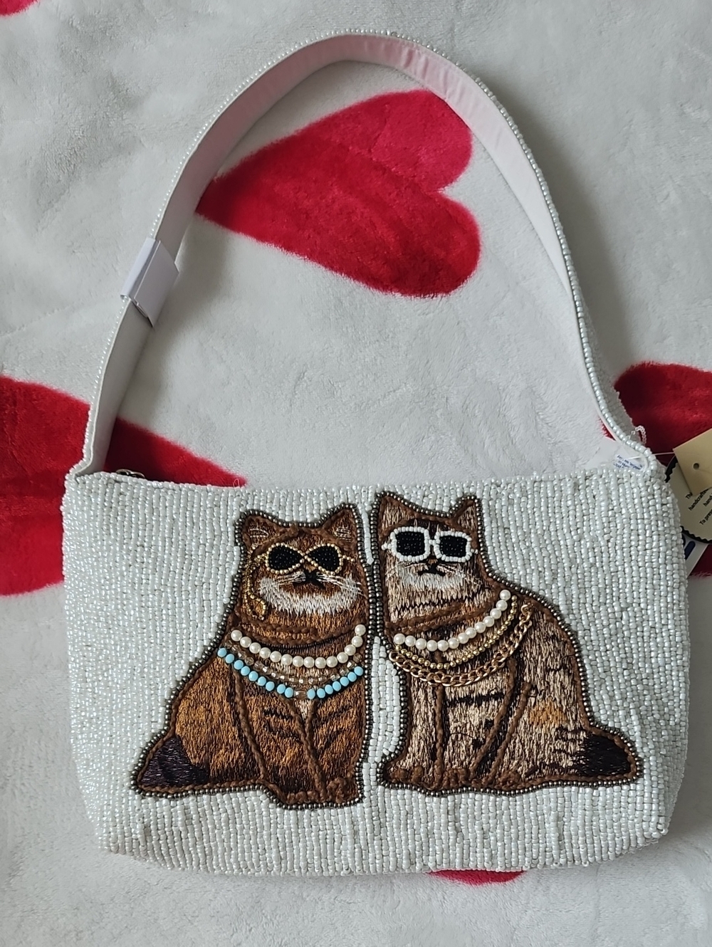 Studio 12 Beaded White Cat Embroidered Shoulder Bag